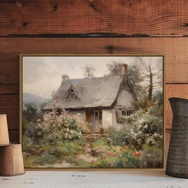 Gardenia Art Framed Old Cottage Wall Art Vintage Landscape Oil Painting Mountain Hut Blooming Wild Floral Canvas Print Country Aesthetic Decor Art for Bedroom Bathroom Living Room Home Décor 12"x16"