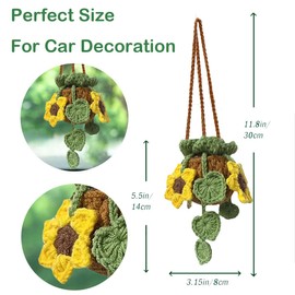 MENGSOOD Car Hanging Ornament Cute Crochet Plant Rear View Mirror Pendant Decoration Handmade Knitted Mirror Hanging Car Interior Accessories Gardening Hanging (Sunflower Leaf)