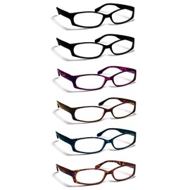 Boost Eyewear 6 Pack Reading Glasses, Modern Fashion Frames for Women and Men (Solid Black, and Blue, Red, Purple, Natural Tortoise Shell Patterns), Spring Loaded Hinges, Assorted, 6 Pairs (+1.50)