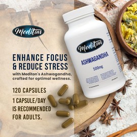 Mediton Ashwagandha 500mg Capsules, 120 Count, Natural Stress Relief and Focus Support, Made in Canada