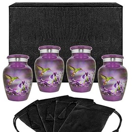 Trupoint Set of 4 Small Urns for Human Ashes Adult Male or Female - Holds 0.75 Lbs. Per Mini Urn, 2.75" x 1.75" Mini Cremation Urns, Keepsake Burial Urns with Case & Bags - Hummingbird.