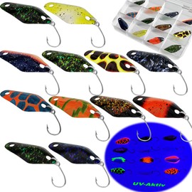 Njord Kalastus 2024 Spoons Trout UV-Active 2.5 g 3 cm 12 Pieces in Spoonbox Trout Spoon Set Trout Bait Spoons Trout Fishing Spoons Set Trout Spoon Fishing Spoons Trout Set Box