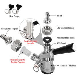 Ferroday All 304 Stainless Steel D System Keg Coupler, Sankey Keg Coupler for 5/16'' Beer Line CO2 Tubing Hose, Beer Keg Tap Kegerator Parts Coupler with Hose Clamp for Home & Commercial brewing