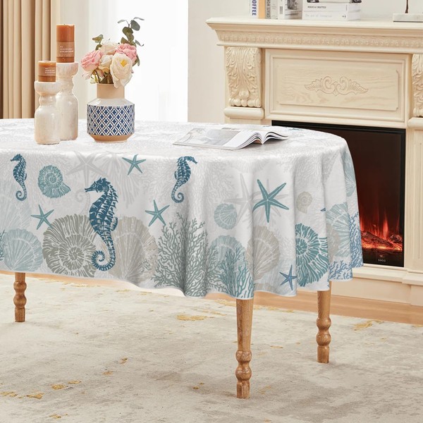 Horaldaily Summer Tablecloth 60×84 Inch Oval, Sealife Hippocampus Starfish Seaweed