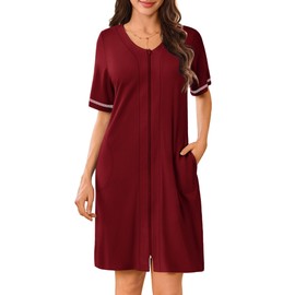 Ekouaer Women Zipper Robes Short Sleeves Housecoat Lightweight Bathrobes Zip Up Robe Casual Nightgown with Pockets Wine Red,X-Large