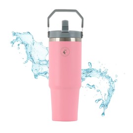 Termo para Cafe y Agua de Acero Inoxidable con Tapa Hermetica para Frio y Caliente de Doble Pared Acabado Mate 900 ml Con Asa Y Popote Gaon (Rosa)