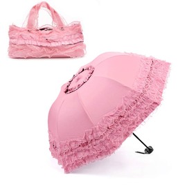 Heart Princess Lace Windproof Folding Sunny and Rainy Umbrella Ultraviolet-Proof Anti Sun UV Protection Parasol Umbrella (Pink)