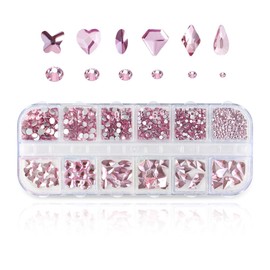 810 Pieces Multi Shapes Nail Rhinestones 60 Multi Shapes Big Gems + 750 Flatback Round Beads 3D Glass AB Crystal Nails Rhinestones for Nail Art Crafts DIY Faces Makeup Stones Diamonds Jewels (Pink)