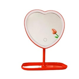 Espejo de tocador, espejo de maquillaje en forma de corazón con atenuación de tres niveles y luces LED para niñas y estudiantes (rojo)
