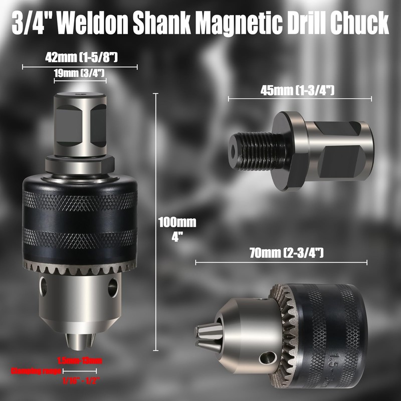 1/16''-1/2'' Magnetic Drill Chuck, Weldon Shank 1/2''-20 UNF Thread