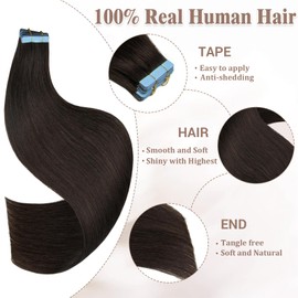 Lveyan Tape in Hair Extensions Human Hair, 14 Inch Natural Black 20pcs Real Human Hair Invisible Tape in Hair Extensions for Women (1B, 14 Inch)