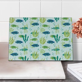 Lunarable Aquarium Cutting Board, Different Tropical Fish and Seaweeds Exotic Marine Watercolor Artwork, Decorative Tempered Glass Cutting and Serving Board, Small Size, Avocado Green Teal Blue