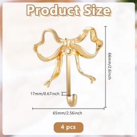 GOMAKERER 4 Pcs Bow Hooks for Wall, 2.6x2.6Inch Gold Coat Hook Wall Mount Purse Hanger Bow Room Decor Hooks for Coats Living Room Bathroom Bedroom Shower Curtain