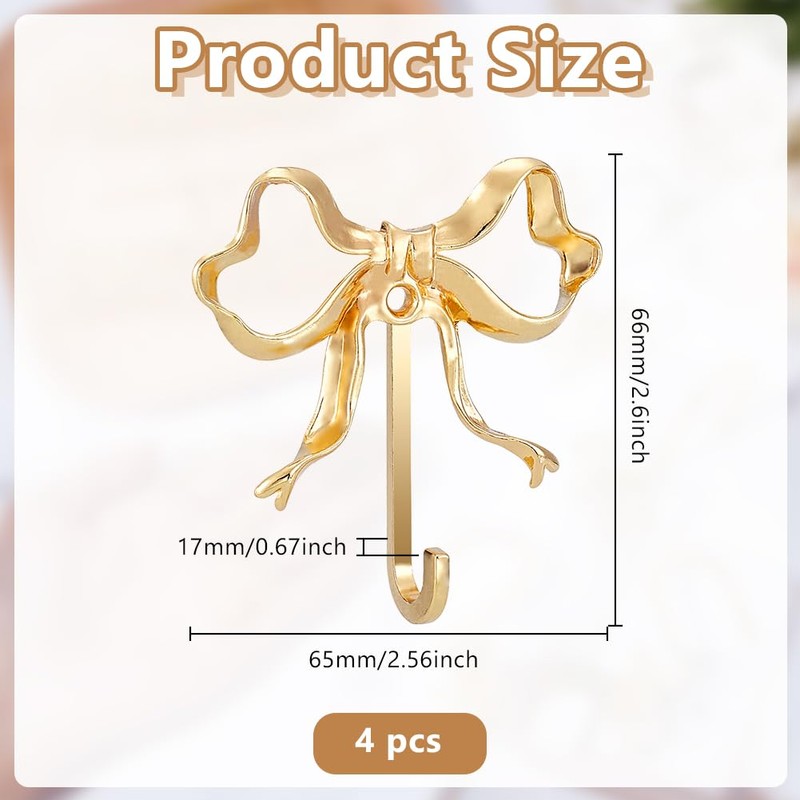 GOMAKERER 4 Pcs Bow Hooks for Wall, 2.6x2.6Inch Gold Coat