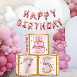 75th Birthday Decorations Boxes for Women - 3PCS Pink Rose Gold Happy 75th Birthday Balloons Boxes,Seventy Five Year Old Birth Theme Cardboard Box Decor