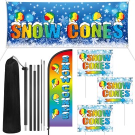 Hahafelt 5 Pcs Snow Cones Decor Cool Snow Cones Swooper Feather Flag with Pole Kit and Yard Sign Banner for Business Advertising Supplies Home Lawn Outdoor Decorations