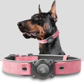 AirTag Dog Collar, Leather Dog Collar with Air Tag Holder, IPX8 Waterproof, Reflective, Adjustable Soft Padded (Pink, L)