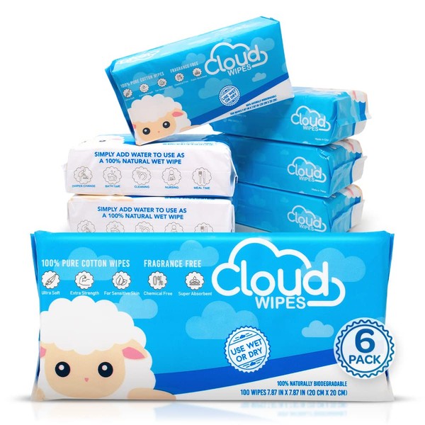Cloud Wipes Pure Dry Cotton Baby Wipes Soft Durable Unscented Cloth Tissue for Sensitive Skin (6-Pack 600 Count)