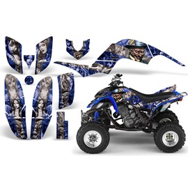 AMR Racing ATV Graphics Kit: Quad Stickers for Yamaha Raptor 660 (2001-2005), Featuring Mad Hatter Silver & Blue Design, Transform Your Ride with Protective ATV Stickers!