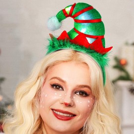 Uranian Light Up Christmas Headbands LED Elf Hat Headwear Green Elf Costume Hairbands Xmas Festival Hair Acccessories for Women and Girls
