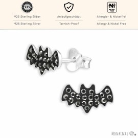 Monkimau Children's Bat Stud Earrings Made of 925 Sterling Silver with 38 Crystals, Hypoallergenic & Lightweight Earrings Girls Gift Jewellery, Silver, Crystal