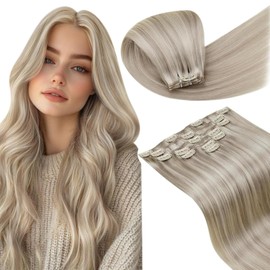 LaaVoo Clip in Real Hair Extensions For Women Ash Blonde Highlight Bleach Blonde Real Human Hair Extensions Clip in Blonde Highlights Human Hair Clip in Extensions Long Straight 24 Inch 7Pcs/140g
