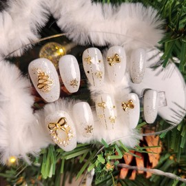 White Gold Christmas Nail Tips - Oval / 화이트 골드 크리스마스 네일팁 - 오발