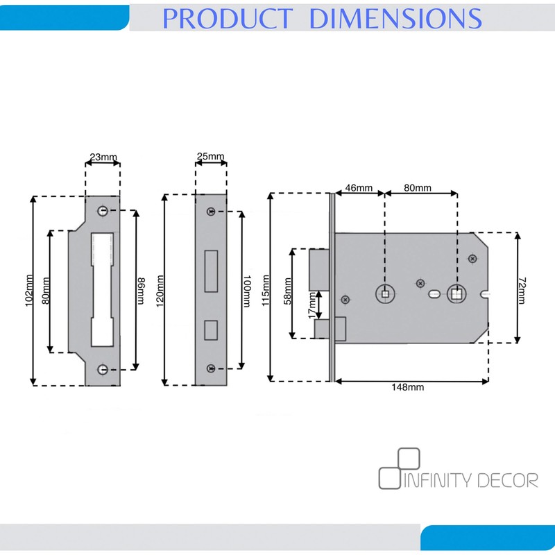 Infinity Decor® 6inch, 150mm 3 Lever Horizontal Mortice Bathroom Door