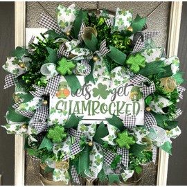 Lets Get Shamrocked Gnome Leprechauns St. Patrick's Day Deco Mesh Front Door Wreath, Shamrocks Clover,Porch Patio Yard Art Decor, Wall Decoration, Indoor Outdoor