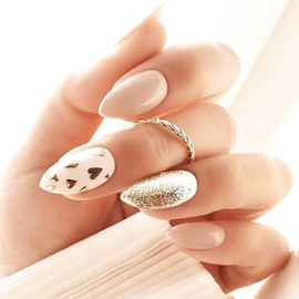 24Pcs Gold Foil Heart Acrylic Fake Nail Valentines Press on Nails Glossy Gold Glitter Medium Almond False Nails Gold Love Heart Stick on Nails Romantic Gift Gel Glue on Nails for Coquette Women Girls