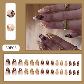 Hrnsnails Nail Press ons, Almond Press On Nails Medium Fake Nails with Three-Dimensional Stripes Simplicity Flowers Design, Acrylic Artificial False Nails Press On Stick On Nails for Women-30Pcs