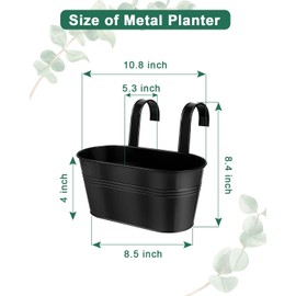 Metal Hanging Flower Pots for Railing fence - 5 PCS Black Large Hanging Planter for Balconyl Metal Iron Buckets with Removable Hooks & Drainage Holes Outdoor Garden Home Decor (11 Inch)