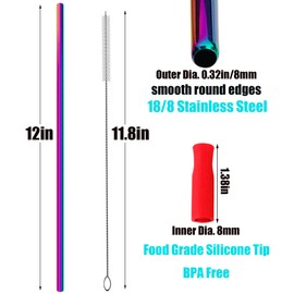 Wobye 40 oz Stainless Steel Straws, 12'' Extra Long 8mm Wide Reusable Metal Straws Replacement for 40 30 oz Tumbler, with Silicone Tip Cleaning Brush, Set of 4