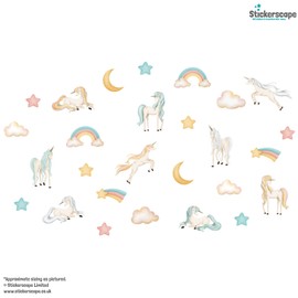 Stickerscape Unicorn Wall Stickers (Pastel Watercolour Unicorns) | Easy to Apply and Cleanly Removable | 28 Stickers for Walls Included | Unicorn Bedroom Accessories