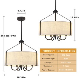 Xurihuihuang 5 Light Drum Chandeliers for Dining Room, 18" Black Modern Farmhouse Chandeliers with Linen Shade, Drum Pendant Round Light Fixture for Bedroom Living Room Kitchen Island Foyer Hallway