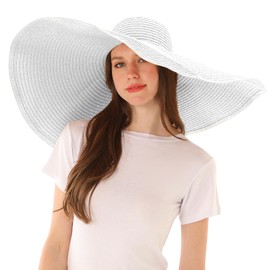 Oversized Beach Straw Sun Hats for Women Large Wide Brim Sun Visor Hat Summer Floppy Foldable Roll Up Handmade UV Protection Beach Cap White