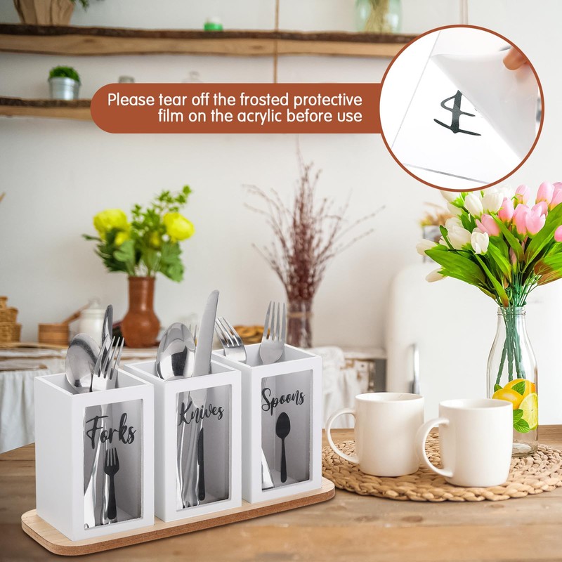 Gejoy Clear Acrylic Silverware Cutlery Caddy Utensil Holder with Wood
