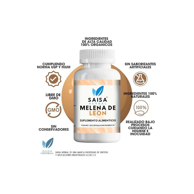 SAISA HERBAL Melena de León,120 Cápsulas Memoria, Concentración, Bienestar Cognitivo