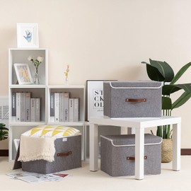 Yawinhe Storage Boxes with Lids 3 Pack, Collapsible Storage Bin with Handle, for Organizing, Clothes, 33x23x20cm, Grey, SNK018GY-S