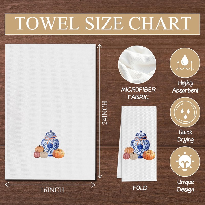 Elefeltclave Fall Chinoiserie Pumpkin Kitchen Towels, Blue and White Chinoiserie