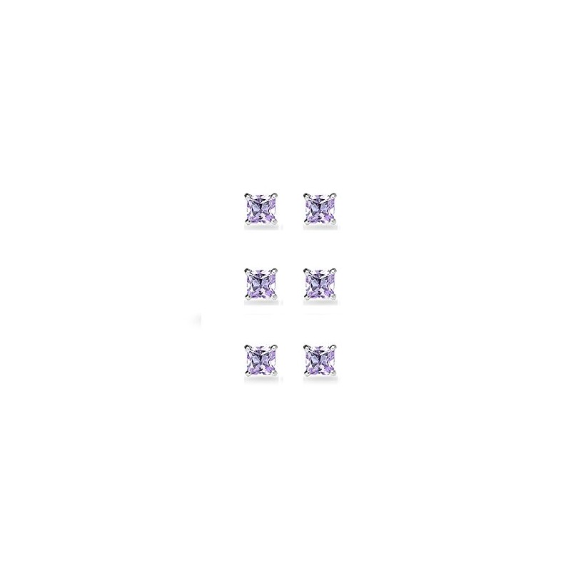 3-Pair Set Sterling Silver Amethyst Princess-Cut 5mm Square Stud Earrings