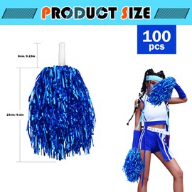 100pcs Pom Poms Cheerleading Blue Metallic Cheerleader Pom Poms with Baton Handle Cheer Pom Poms for Kids Adults Cheering Spirit Sports Party Dance Sportsteam