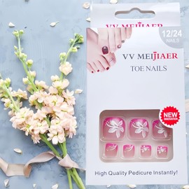 White Flower Press on Toenails Short Square French Tips Fake Toe Nails Nude Floral Designs False Toe nails Full Cover Glue on Toenails Summer Glossy Acrylic Toe Nails for Women DIY Manicure 24Pcs