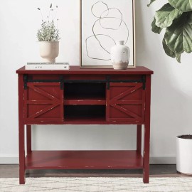 eHemco Antique Farmhouse Console Table, 2 Sliding Barn Doors (Collectible) - Antique Red
