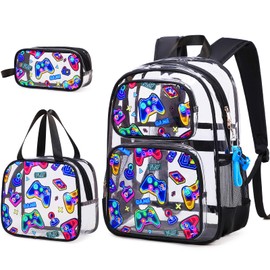 Bevalsa Clear Gaming Backpack for Boys Girls Kids, Transparent Backpack with Lunch Bag & Pen Case for Toddler Kindergarten Elementary School, Heavy Duty See Through Bookbag Stadium Approved (Neon)