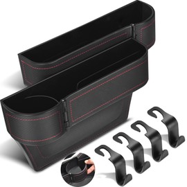 XR MARKET Upgrade 2 Pack Car Seat Gap Filler Organizer with Adjustable Cup Holder, Universal Leather Car Gap Filler Organizer with Cable Hole, Seat Gap Filler Organizer with Hooks, for Phone/Glasses