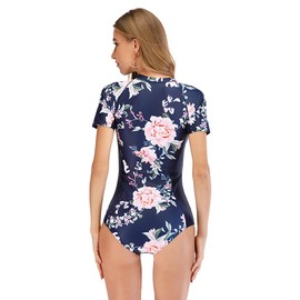 Micosuza Womens Rash Guard Short Sleeve Zip Printed One Piece Swimsuit,Navy Flower,Medium