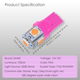 SAWE - 168 194 2825 T10 W5W 5050 5-SMD LED License Plate Dome Map Lights Bulbs (10 pieces) (Pink/Purple)