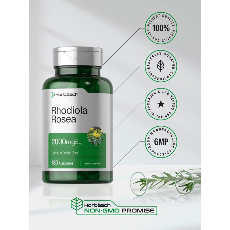 Horbäach Rhodiola Rosea Capsules 2000mg | 180 Count | Non-GMO,