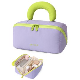 Detola Travel Makeup Bag Cosmetic Bag for Women, Large Capacity Make up Organizer Pouch Water Resistant Open Flat Toiletry Bag with Compartments and Padded Cotton Handle, Purple
